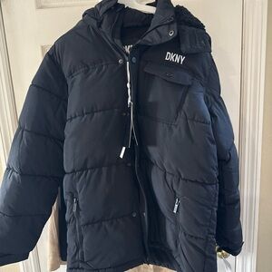 DKNY Black Quilted Jacket with Sherpa lined hoodie